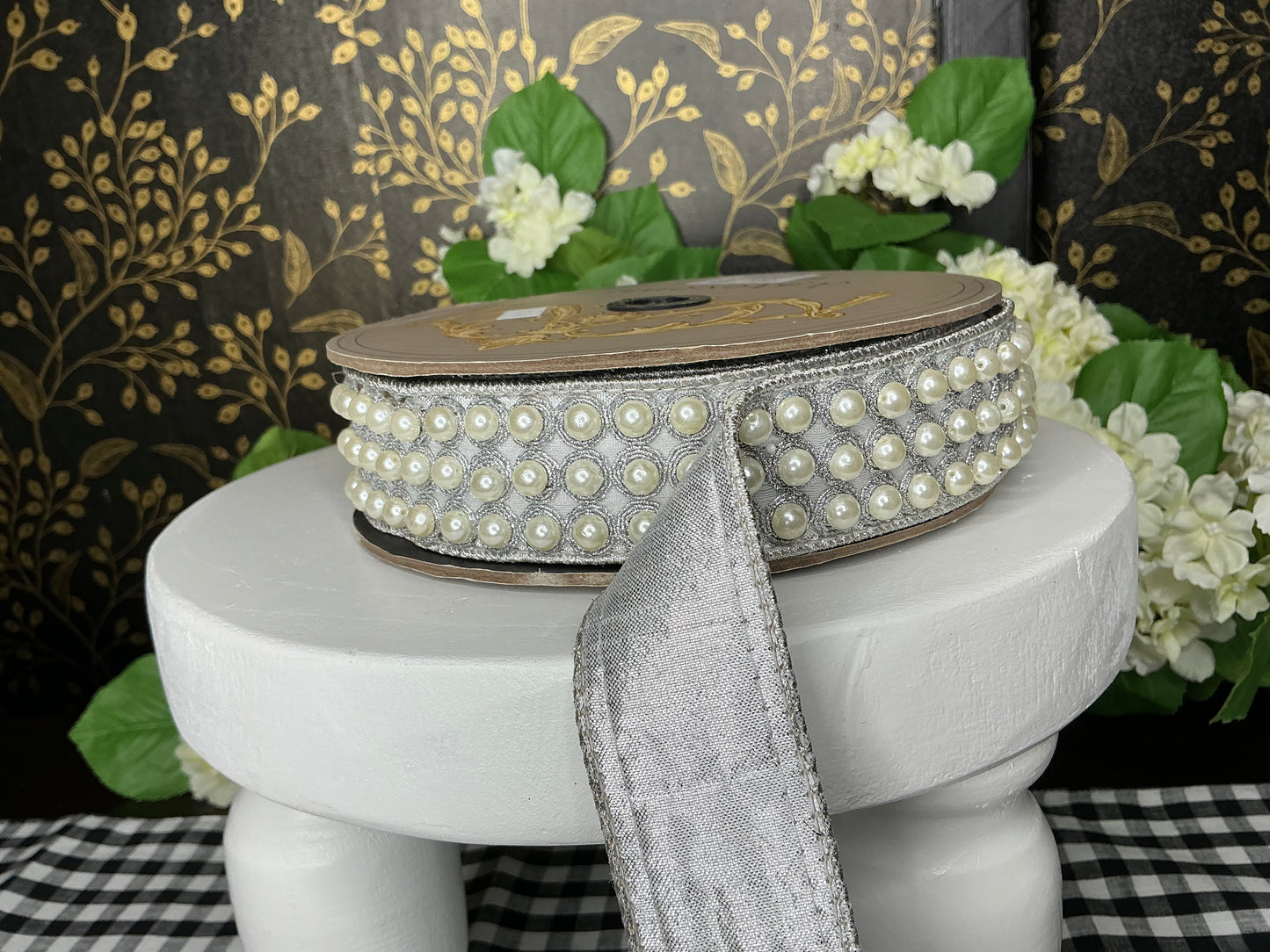 Silver Metallic Ribbon with Pearls - d stevens