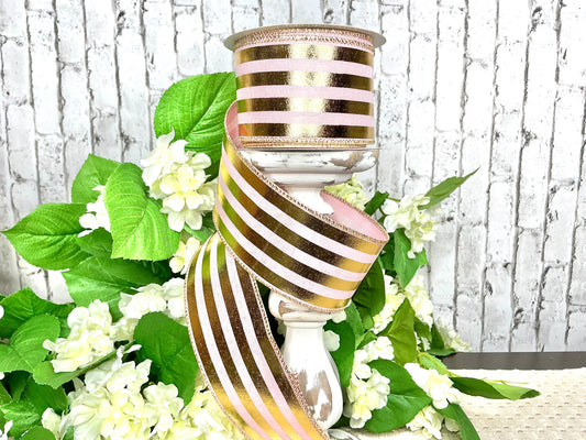 Pink and gold striped ribbon, RGE142915