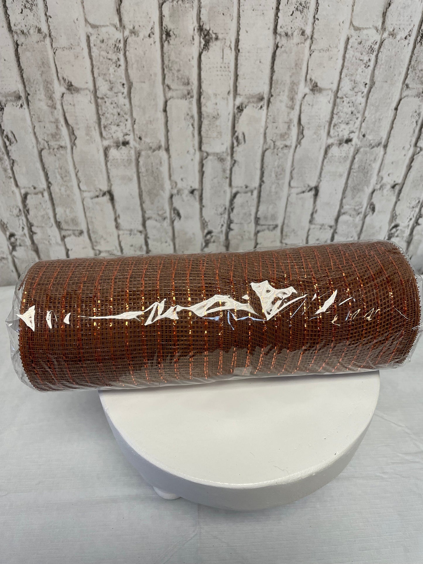 Coppery brown mesh with copper tinsel stripes, RE130104, fall mesh, thanksgiving mesh