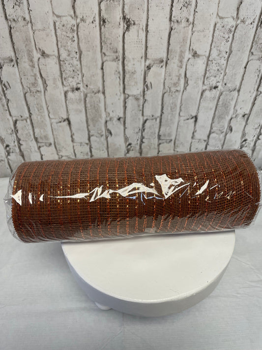 Coppery brown mesh with copper tinsel stripes, RE130104, fall mesh, thanksgiving mesh