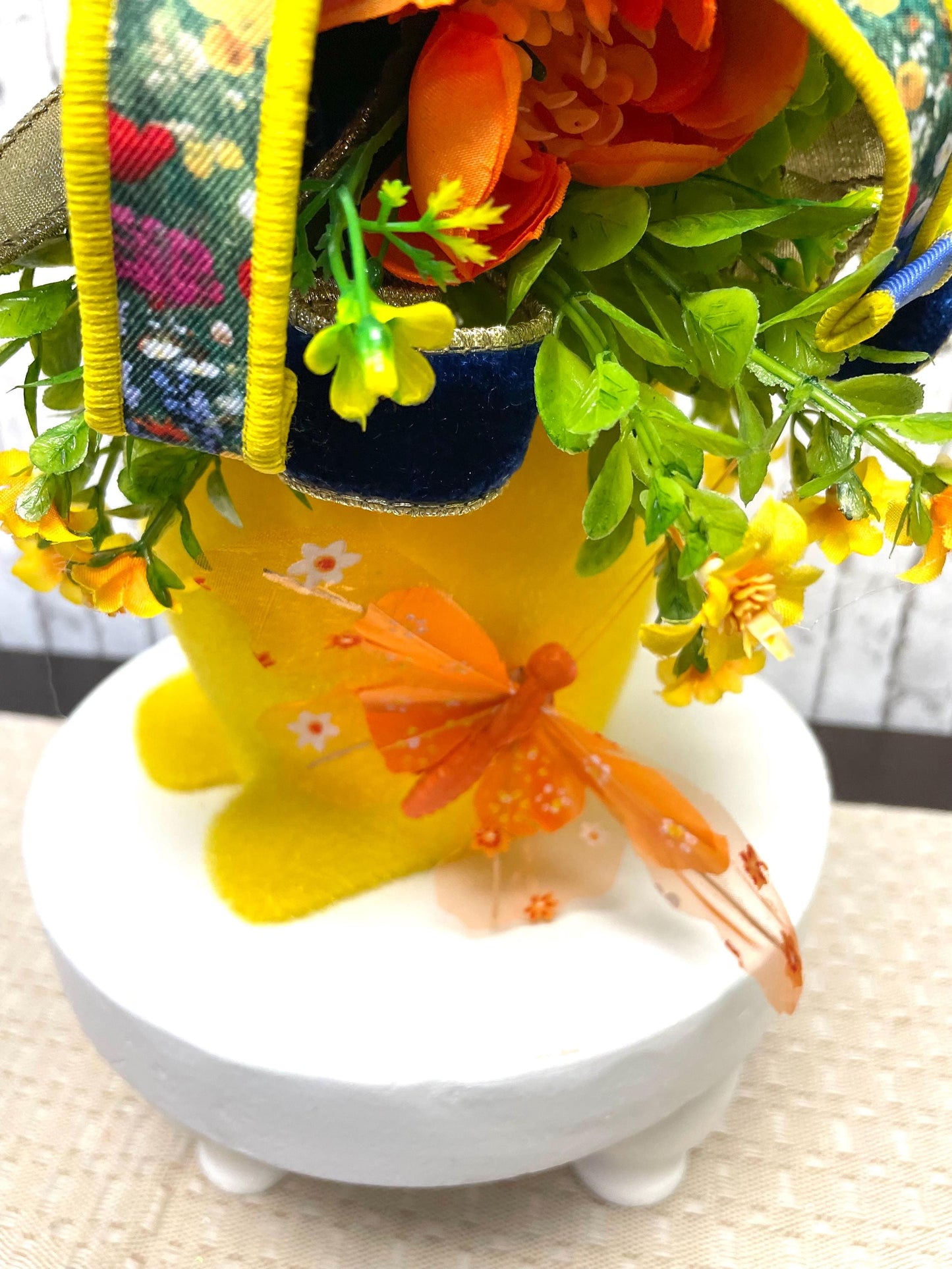 flocked bunny with flowers and gems, Easter decor, Easter bunny decor, glam bunny decor, 16 inch bunny decor, yellow bunny decor, gift