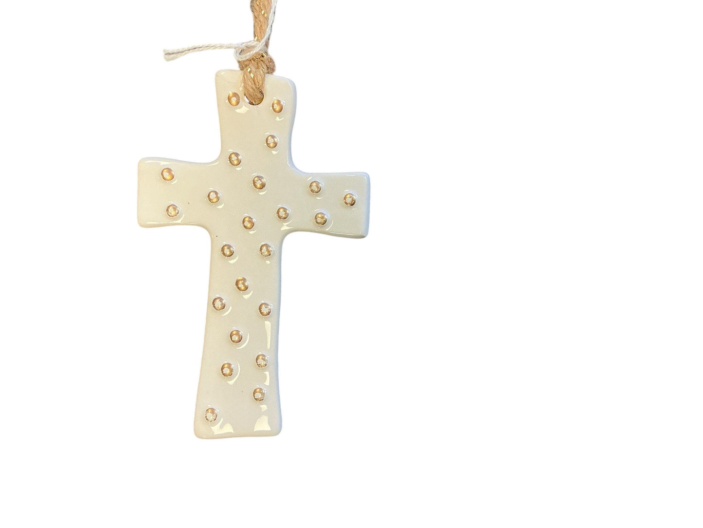 ceramic cross with gold dots Christmas ornament