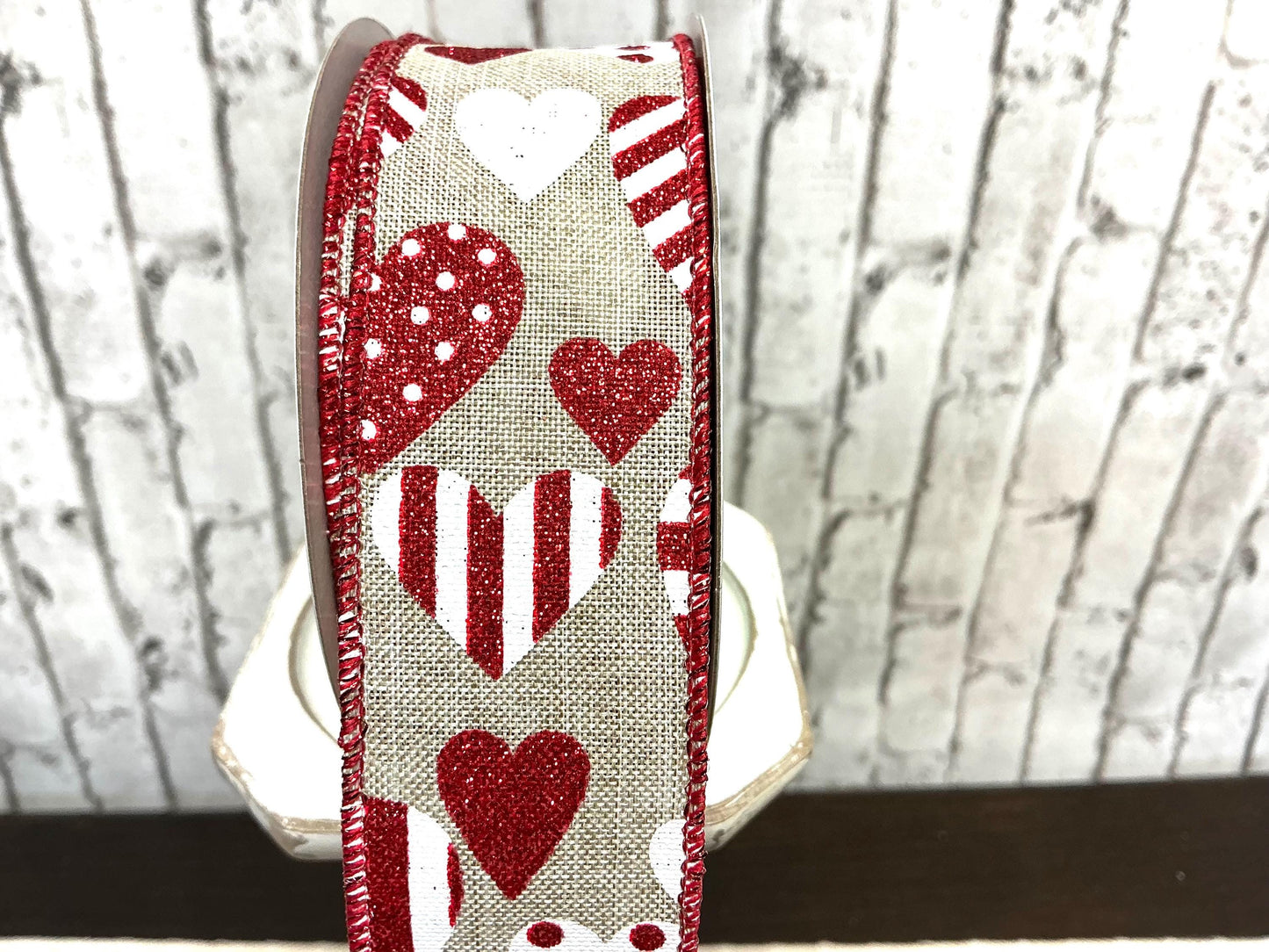 Burlap with red and white hearts ribbon, RGC183818, 1.5”X10YDS, Wired Valentine’s Day ribbon.
