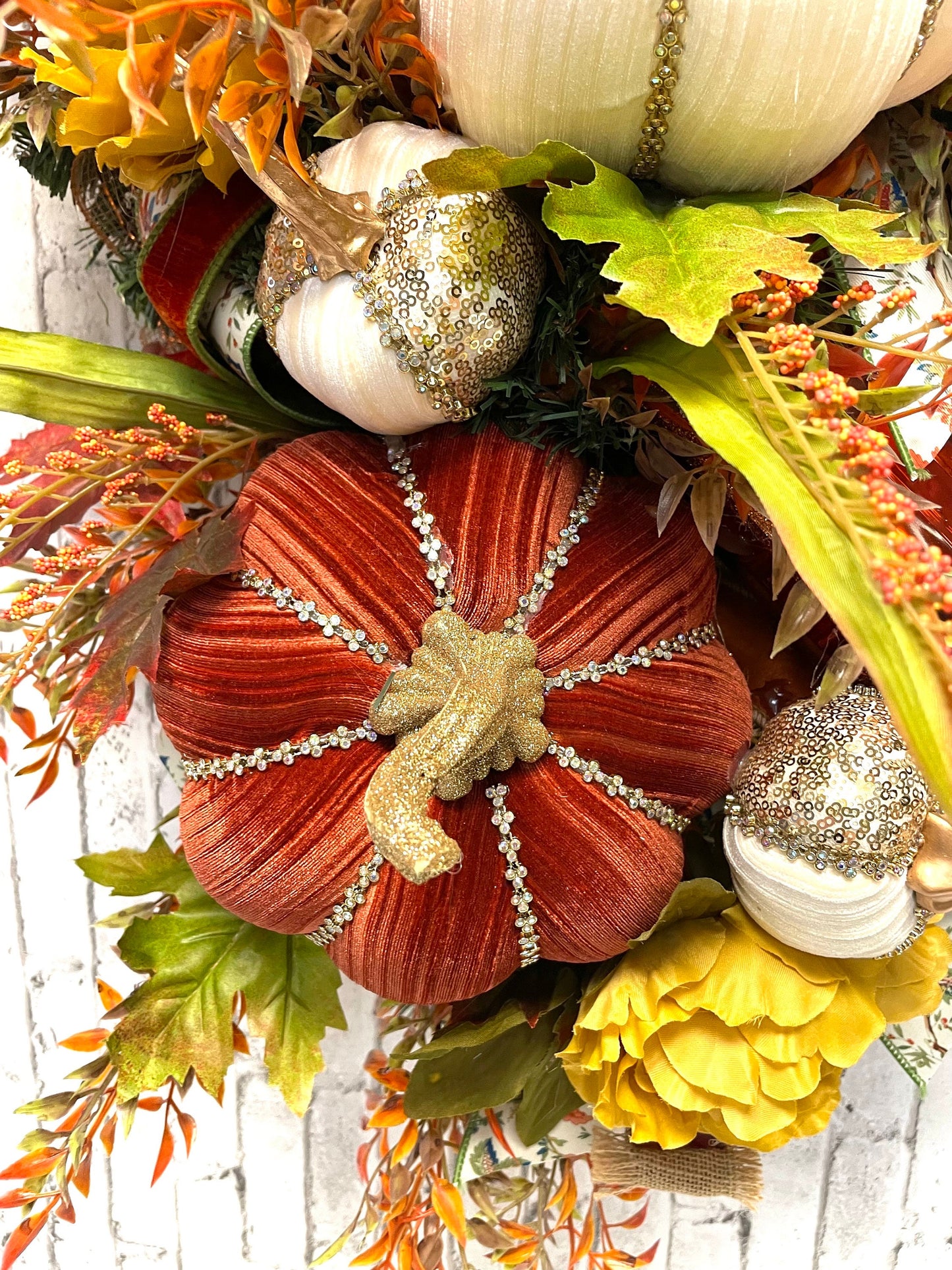 glam fall swag, designer pumpkin and jewels fall swag, glam fall wall decor, mark Robert’s  glam pumpkin, shipping included