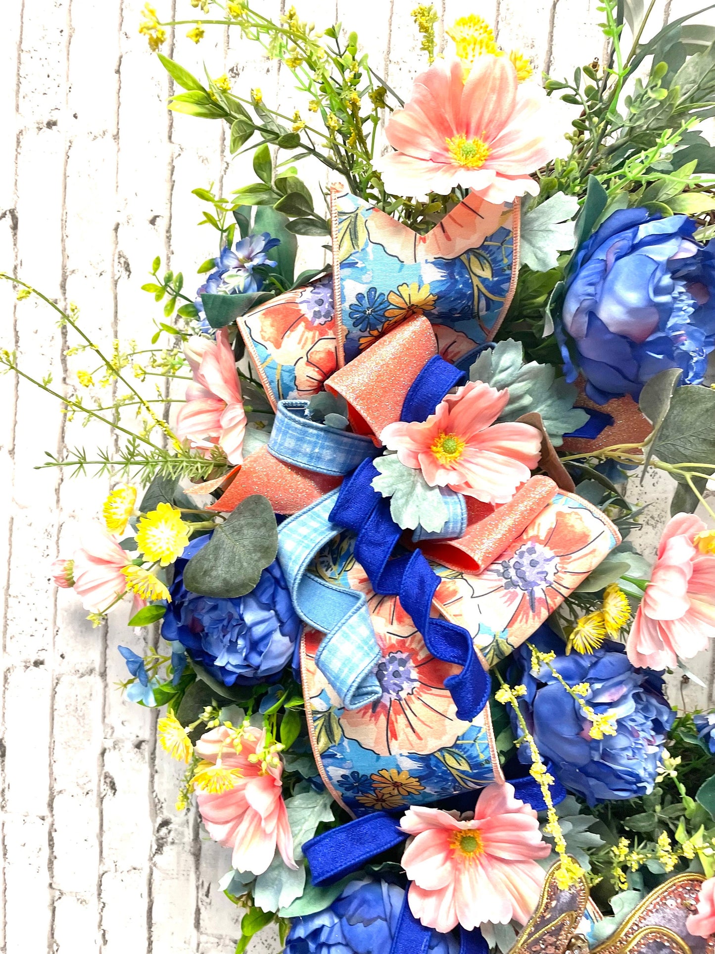 spring wreath, summer wreath, grapevine wreath, peach wreath, blue wreath, housewarming gift, butterfly wreath, shipping included