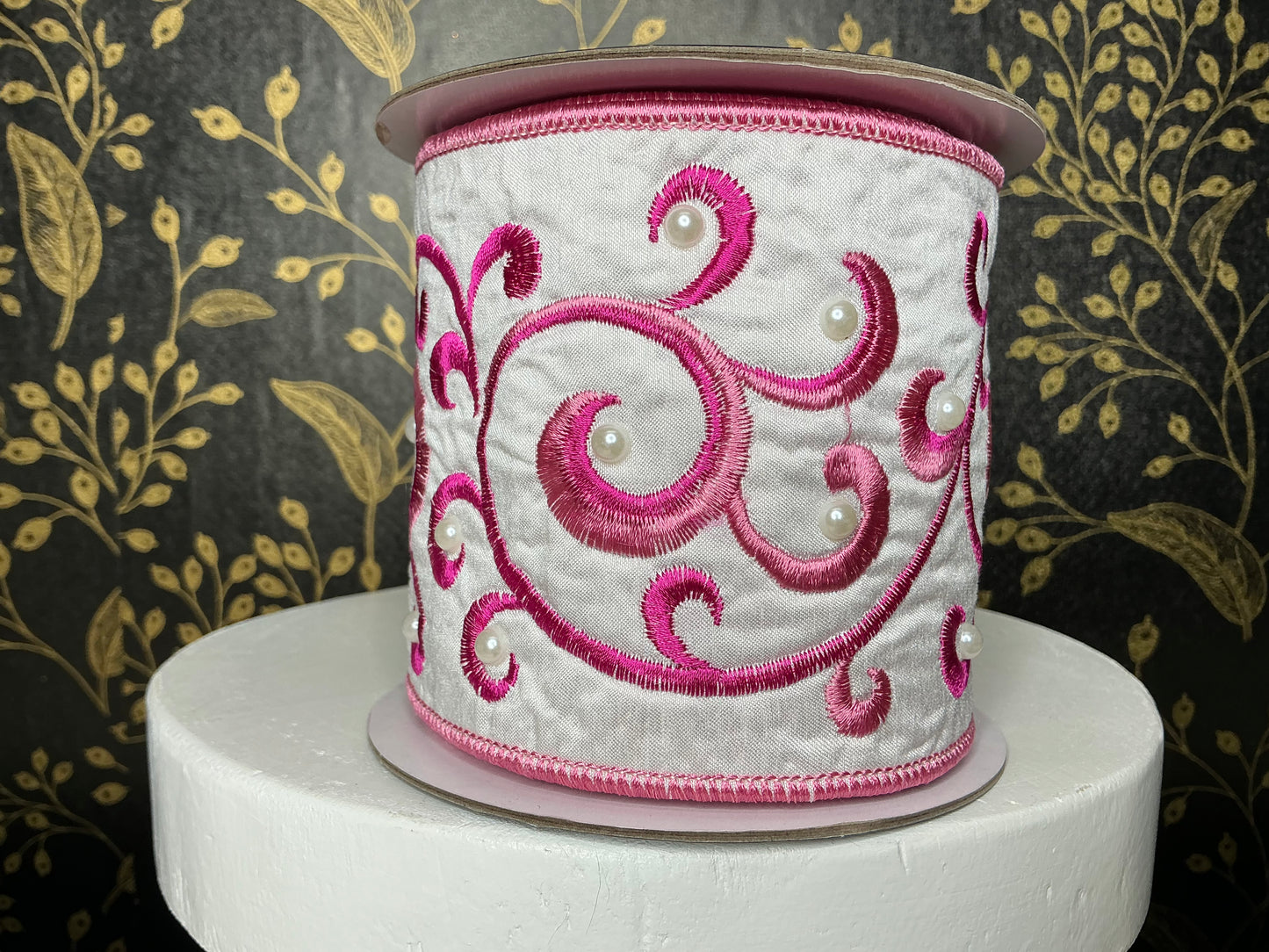 White and Pink vine ribbon with pearls, 4”x5YD, 25-600-4