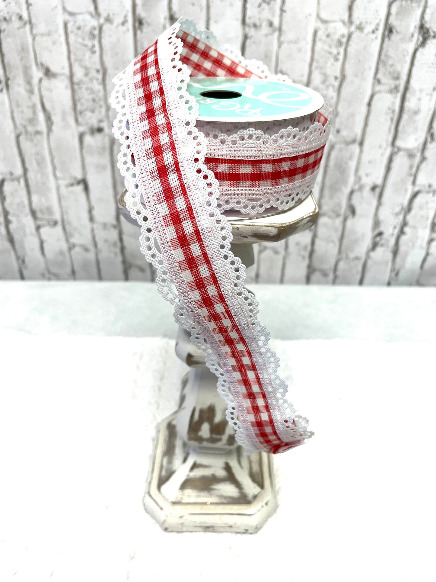 Christmas ribbon, everyday ribbon, RGA154367, red check ribbon, lace trim ribbon, farmhouse ribbon, rustic ribbon, country ribbon