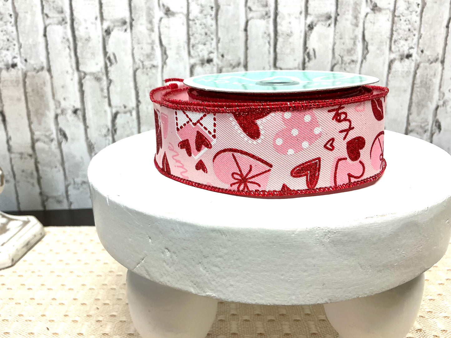 Pink, Red and white Heart Valentine ribbon, 1.5”x10yds, Wired, RGF116215