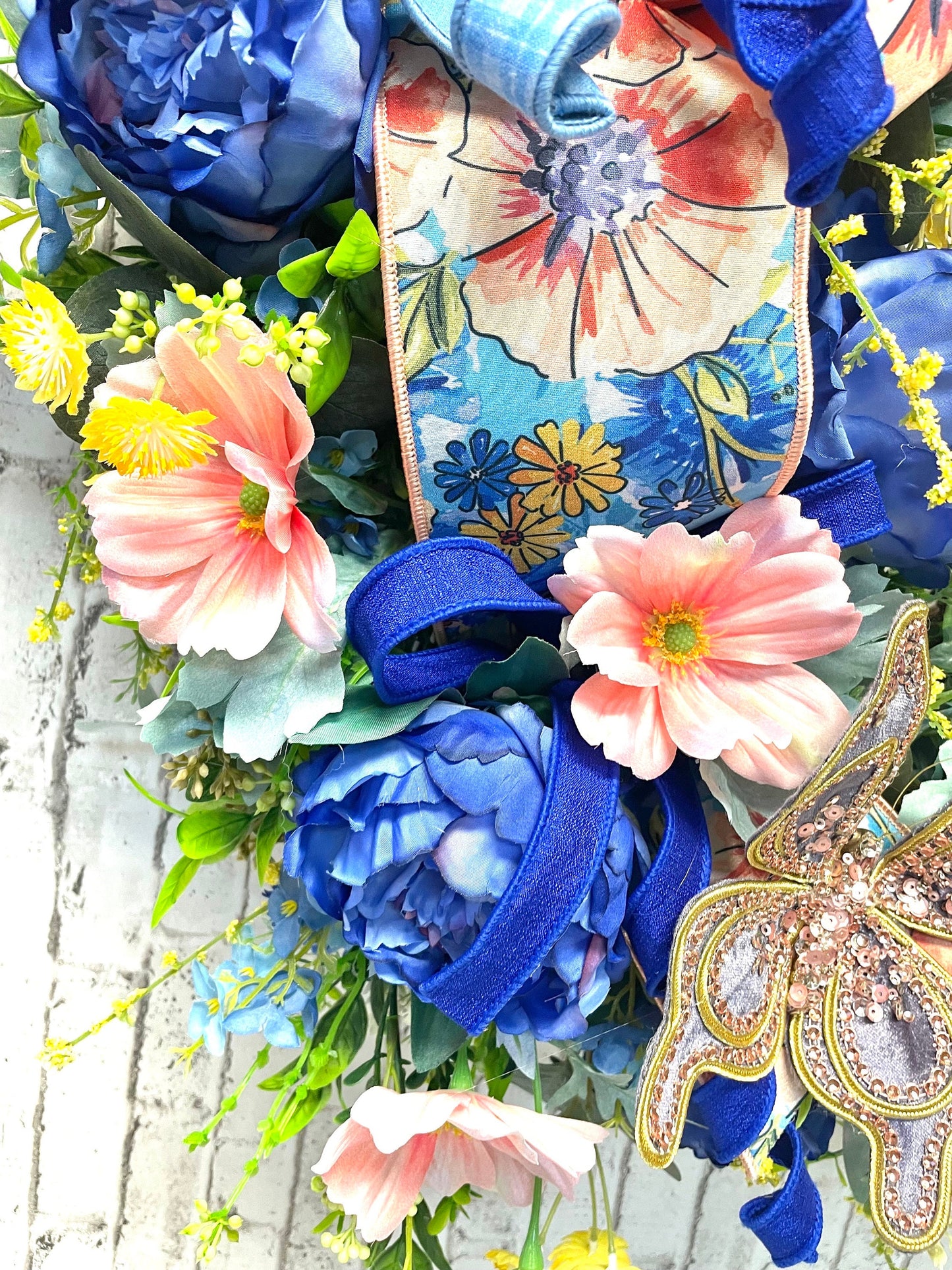 spring wreath, summer wreath, grapevine wreath, peach wreath, blue wreath, housewarming gift, butterfly wreath, shipping included