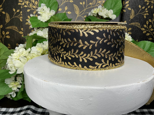 Black with gold leaf garland design ribbon - D’Lux - 2.5”
