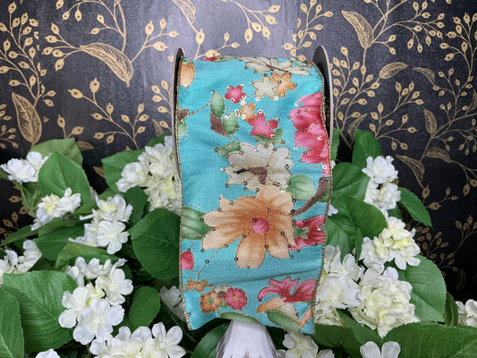 Teal Floral Ribbon - d stevens - 88-4825