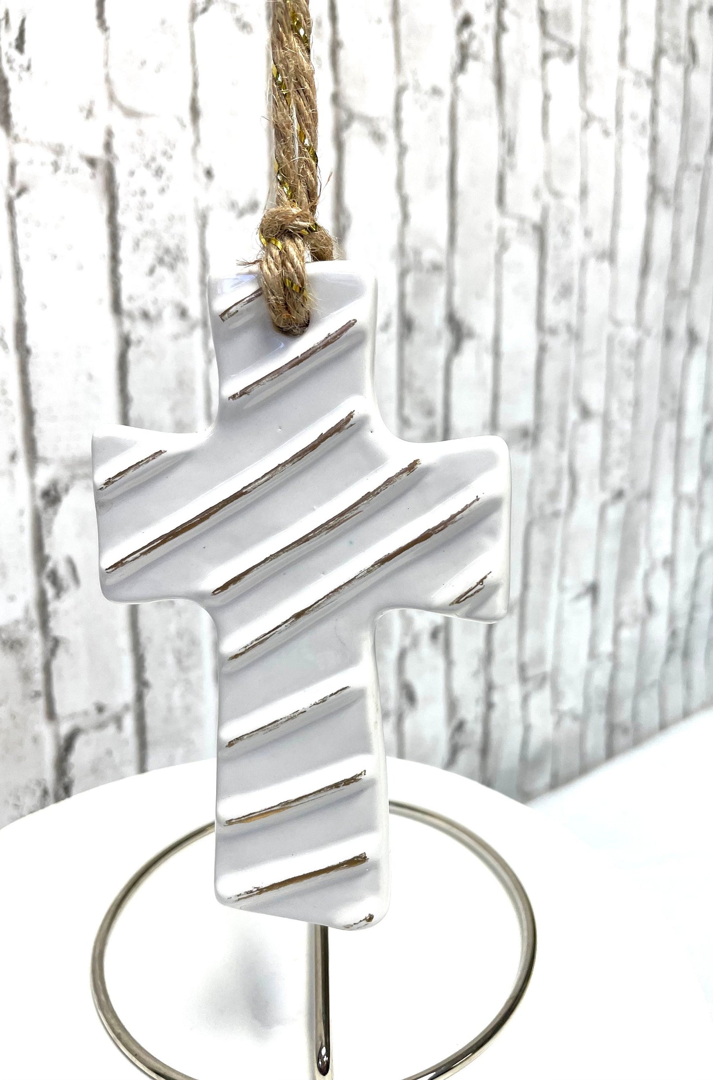 ceramic white cross with gold stripes Christmas ornament