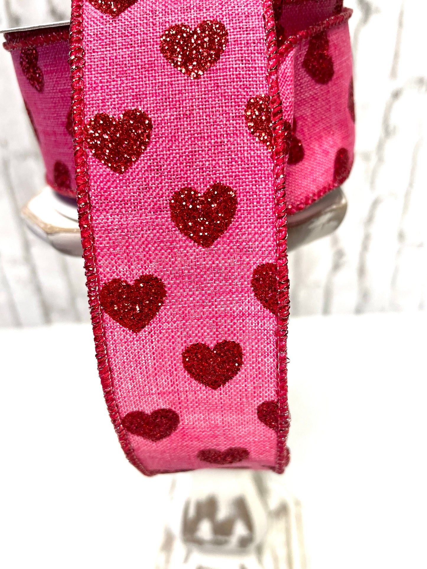 RGA173711, hot pink royal burlap ribbon with red glitter hearts