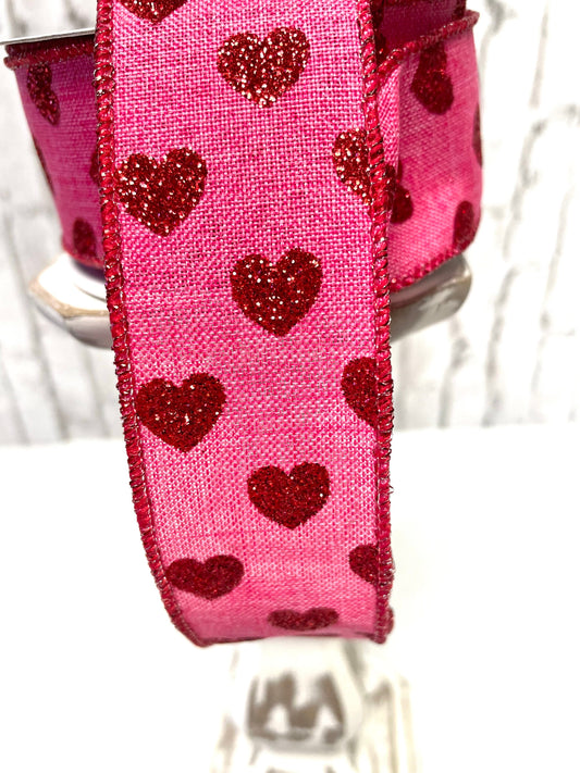 RGA173711, hot pink royal burlap ribbon with red glitter hearts