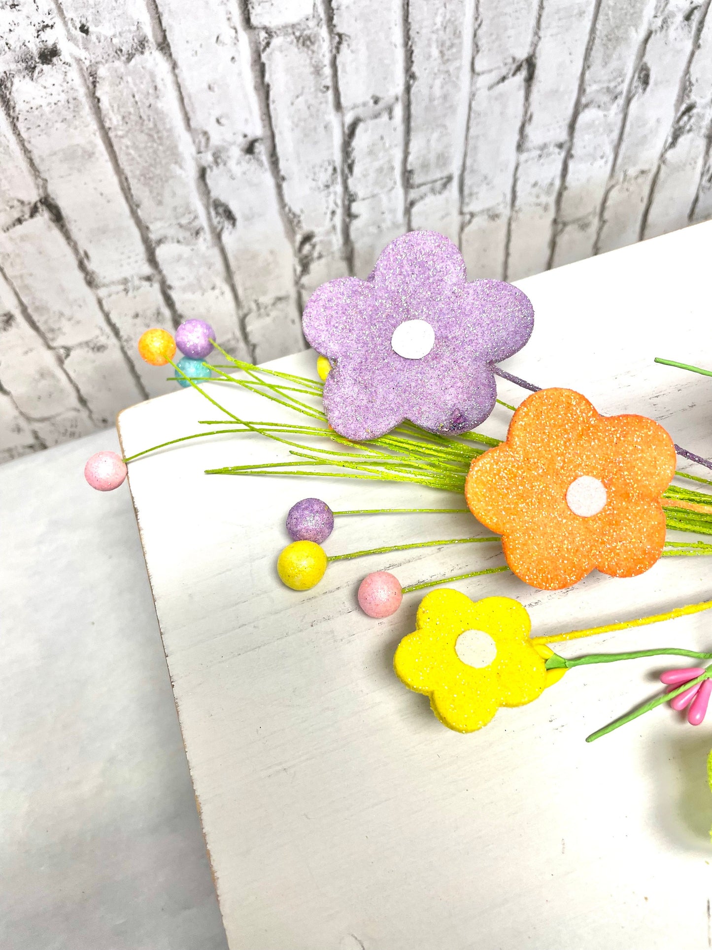 Spring spray, flower spray, 61960EAS, spring glitter flower spray, spring flower pick, glitter flower pick