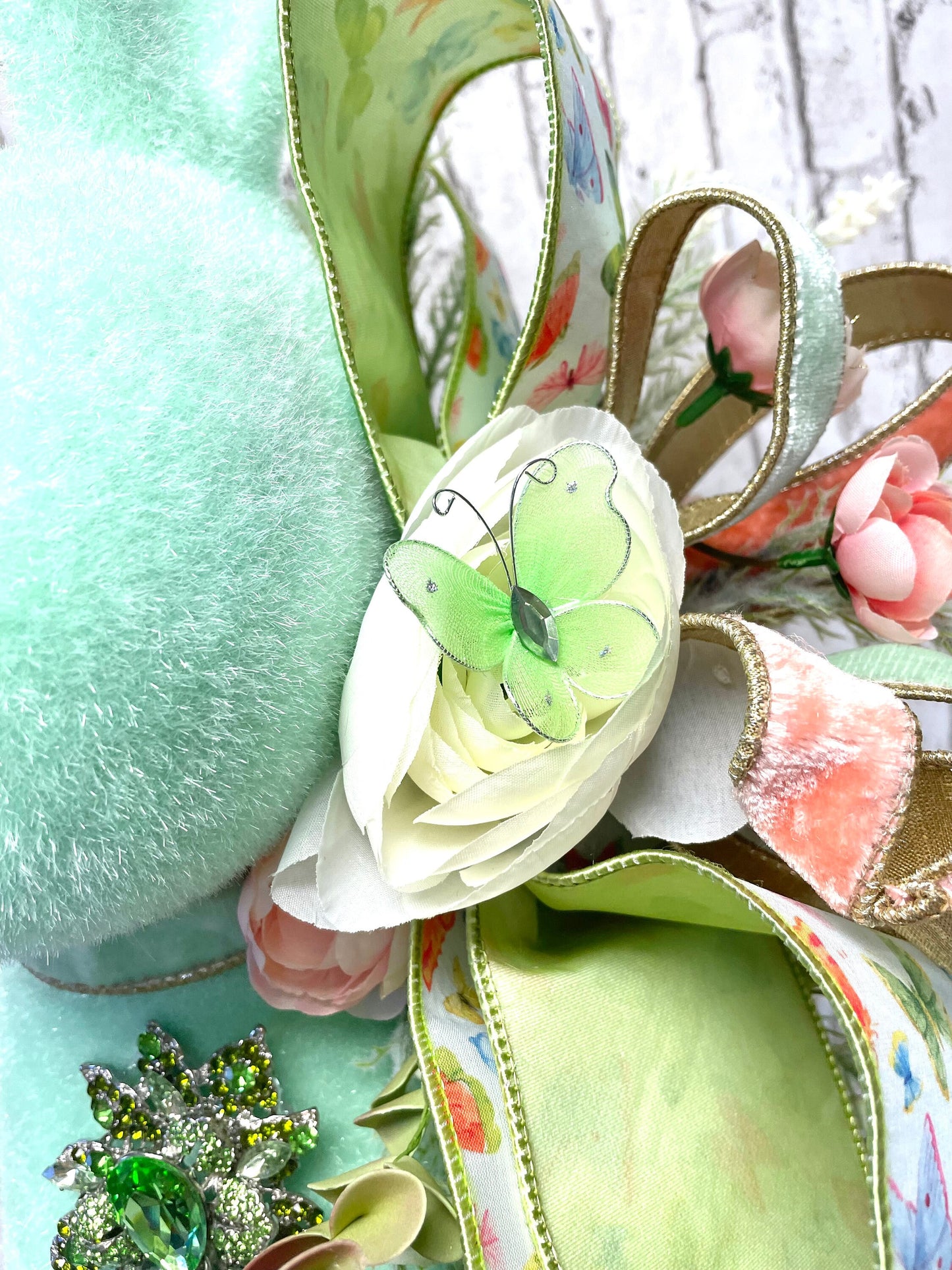 Flocked Easter bunny with jewels and florals, X-Large flocked bunny, mint flocked bunny, Easter decor, not styrofoam, shipping included