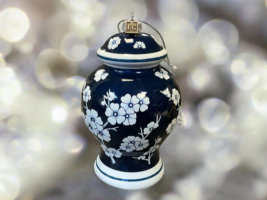 Blue and White Chinoiserie jar 7” Christmas ornament, wreath attachment