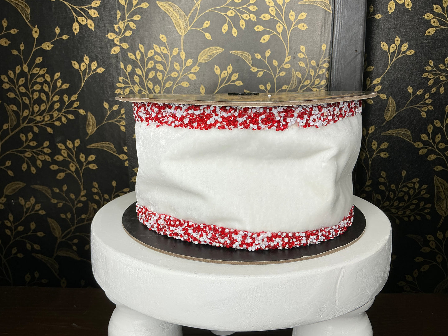 White Velvet Ribbon with Red/White Trim - Vickerman