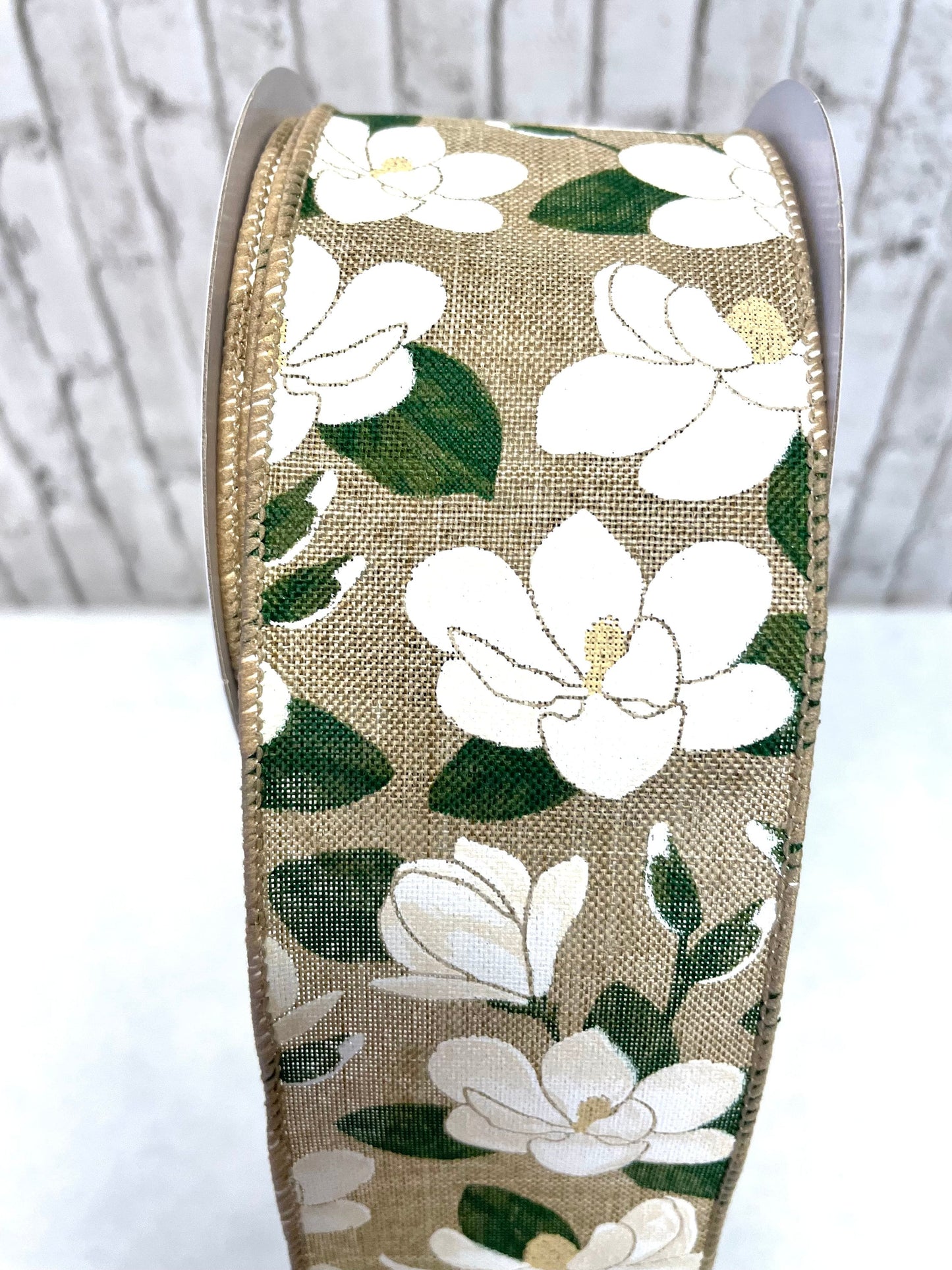 Magnolia on royal burlap, RGA132001, spring ribbon, everyday ribbon, summer ribbon, magnolia ribbon
