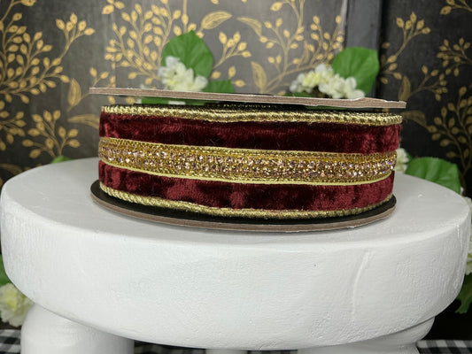 Burgundy Velvet ribbon with gold jewel center trim - d stevens