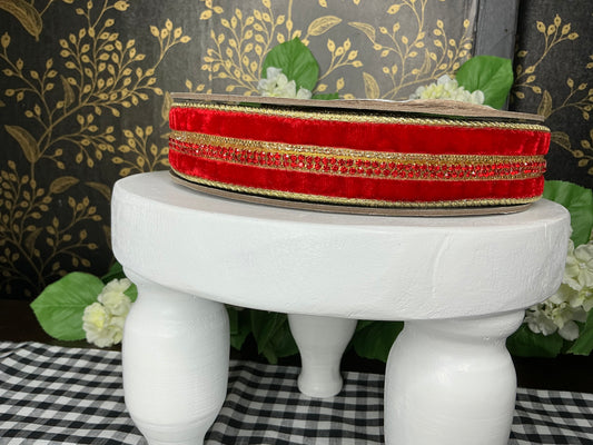 Red Velvet ribbon with gold and red jewel center trim - d stevens