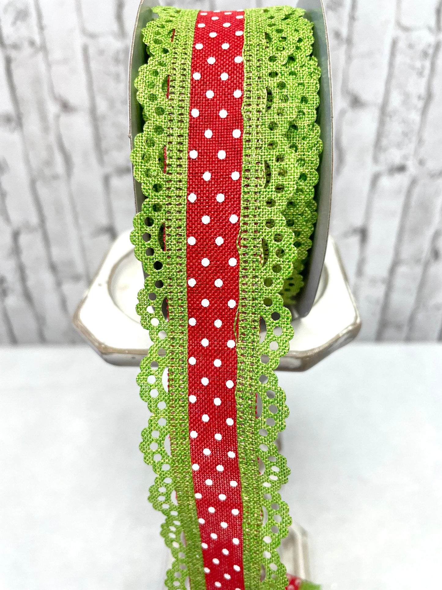 Christmas ribbon, RGO8869T9, red poka dot ribbon with green scalloped edge, spring ribbon, summer ribbon