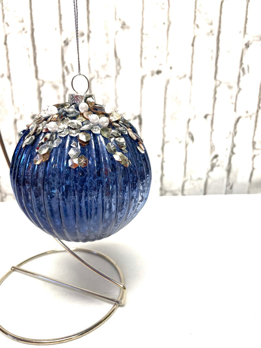 Blue Glass ball wreath embellishment, glass ball Christmas ornament, unique gift.