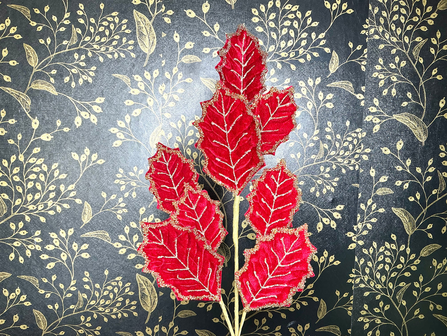 Burgundy Beaded Velvet Leaf Spray, MTX75940