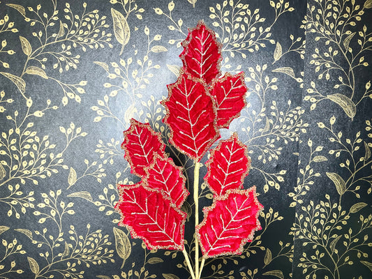 Burgundy Beaded Velvet Leaf Spray, MTX75940