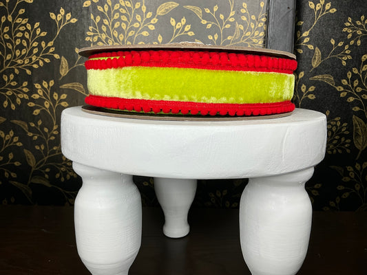 Lime Velvet Ribbon with red pompom trim - Vickerman