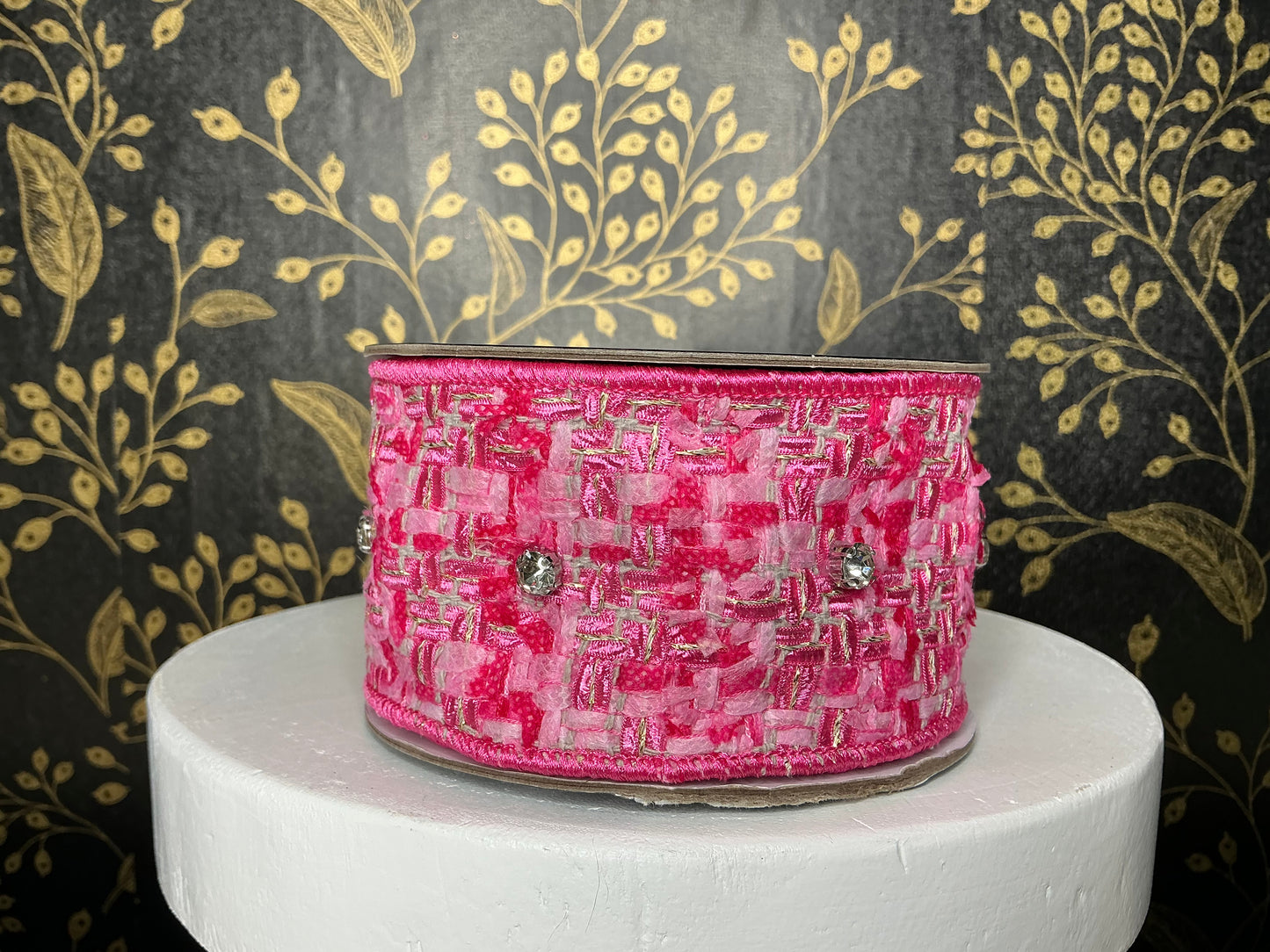 Pink/Silver tweed ribbon with jewel, Nancy Brown, 2.5”x5YD, 25-B1319-1