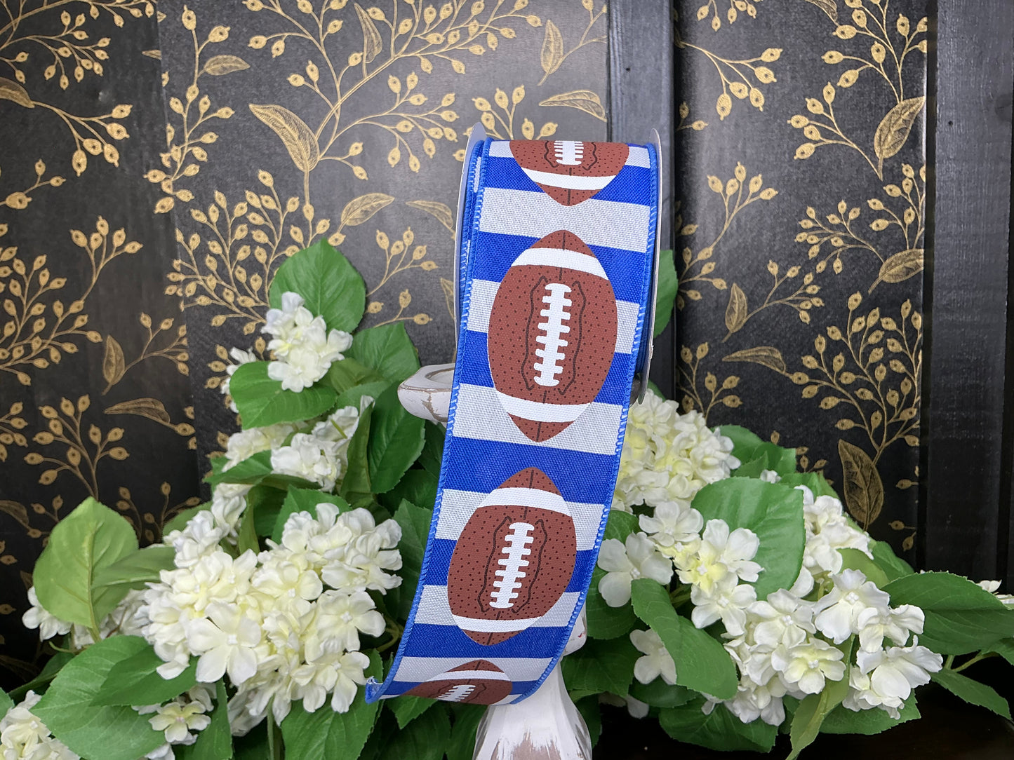 Blue/White Stripes with Footballs Ribbon