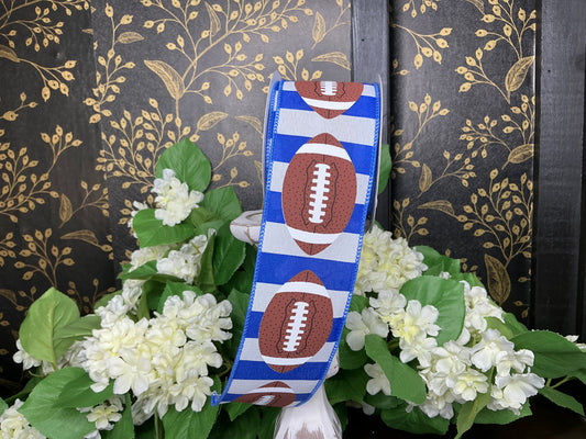 Blue/White Stripes with Footballs Ribbon