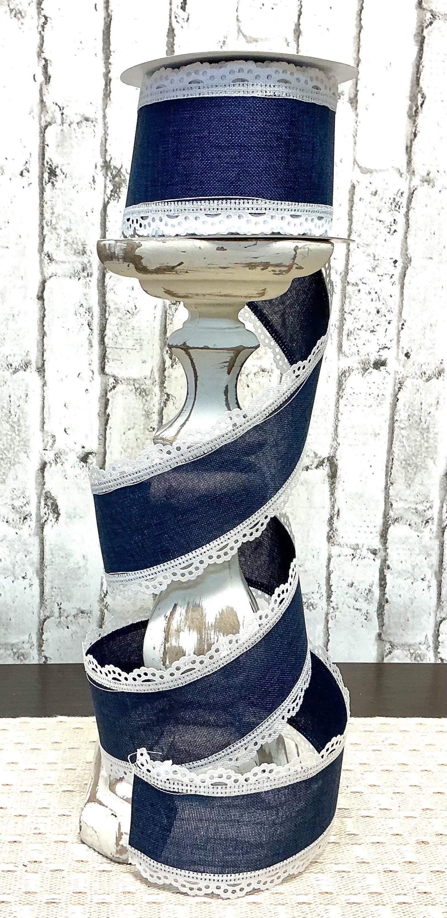 Navy Burlap Ribbon with White Lace edge, 2.5” x 10YD, RGA154219