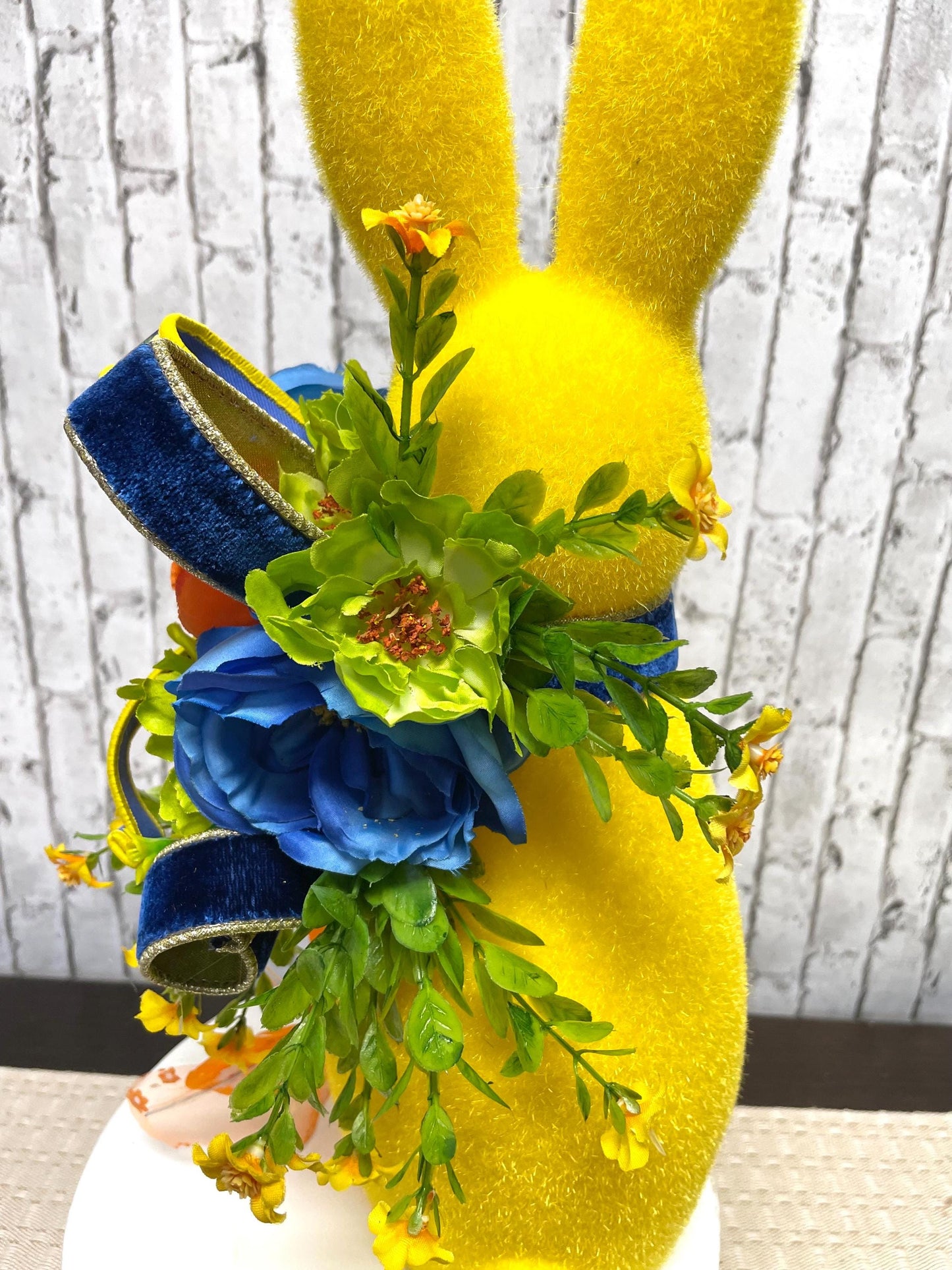 flocked bunny with flowers and gems, Easter decor, Easter bunny decor, glam bunny decor, 16 inch bunny decor, yellow bunny decor, gift