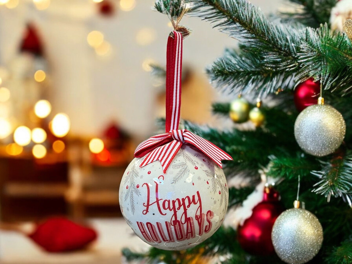 Happy Holidays Christmas Ornament (Grey, White, Red)