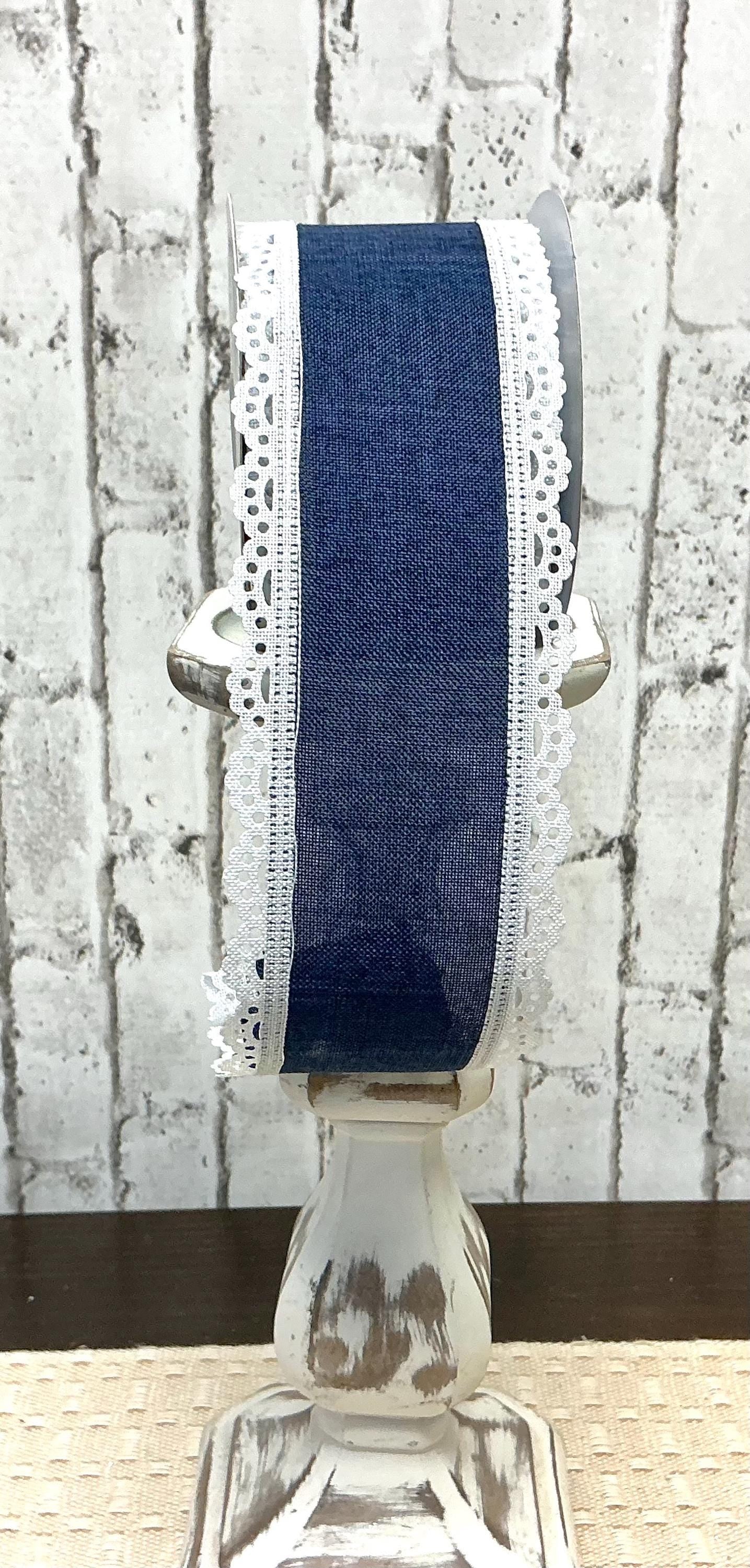 Navy Burlap Ribbon with White Lace edge, 2.5” x 10YD, RGA154219