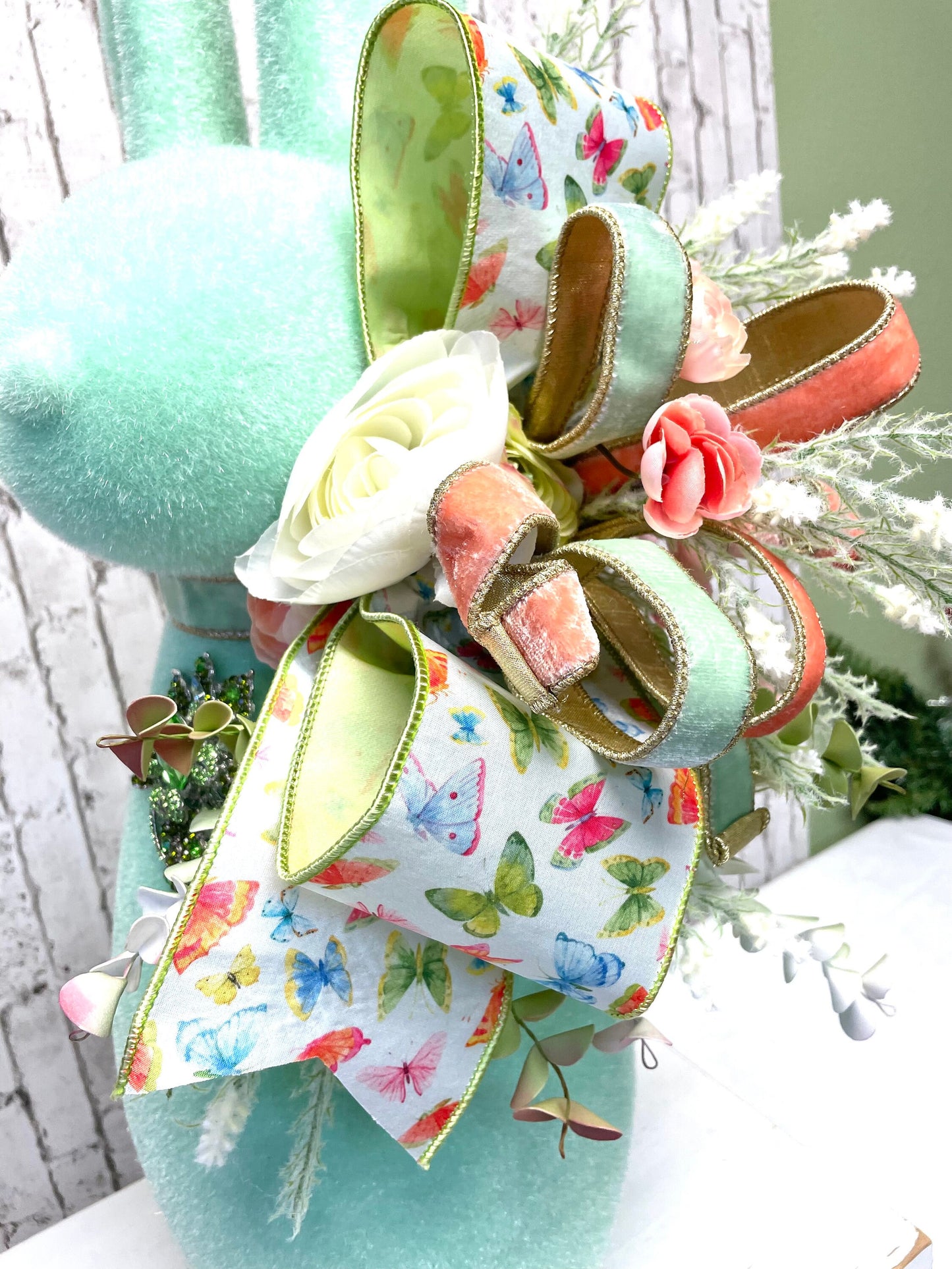 Flocked Easter bunny with jewels and florals, X-Large flocked bunny, mint flocked bunny, Easter decor, not styrofoam, shipping included