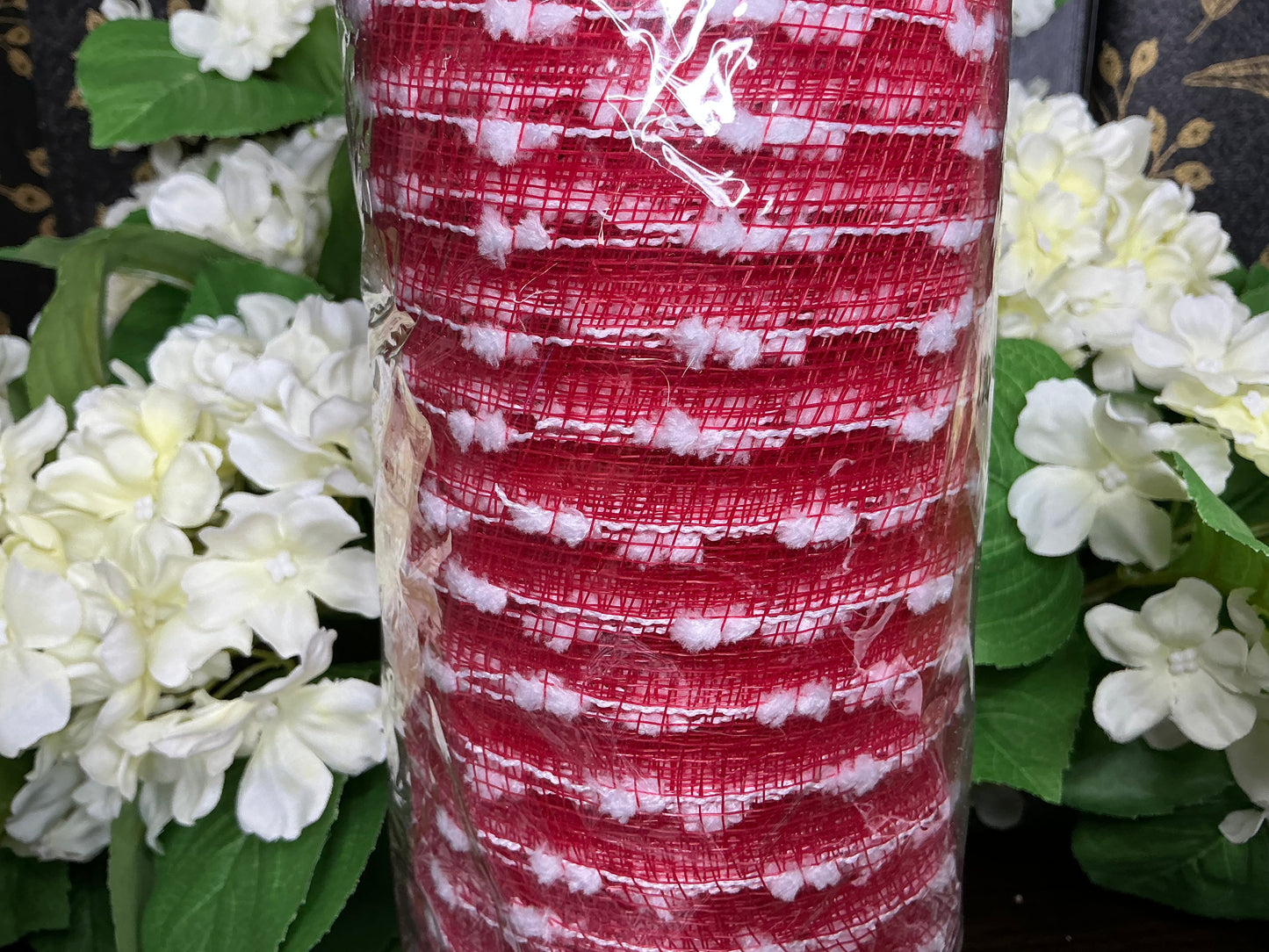 Red Mesh with white snowball stripes