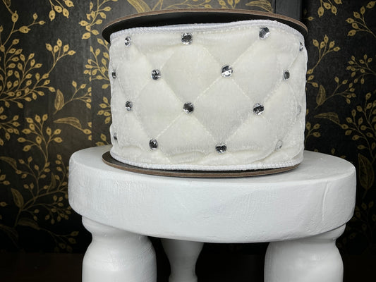 White Velvet Quilt Ribbon with Silver Jewels - Vickerman