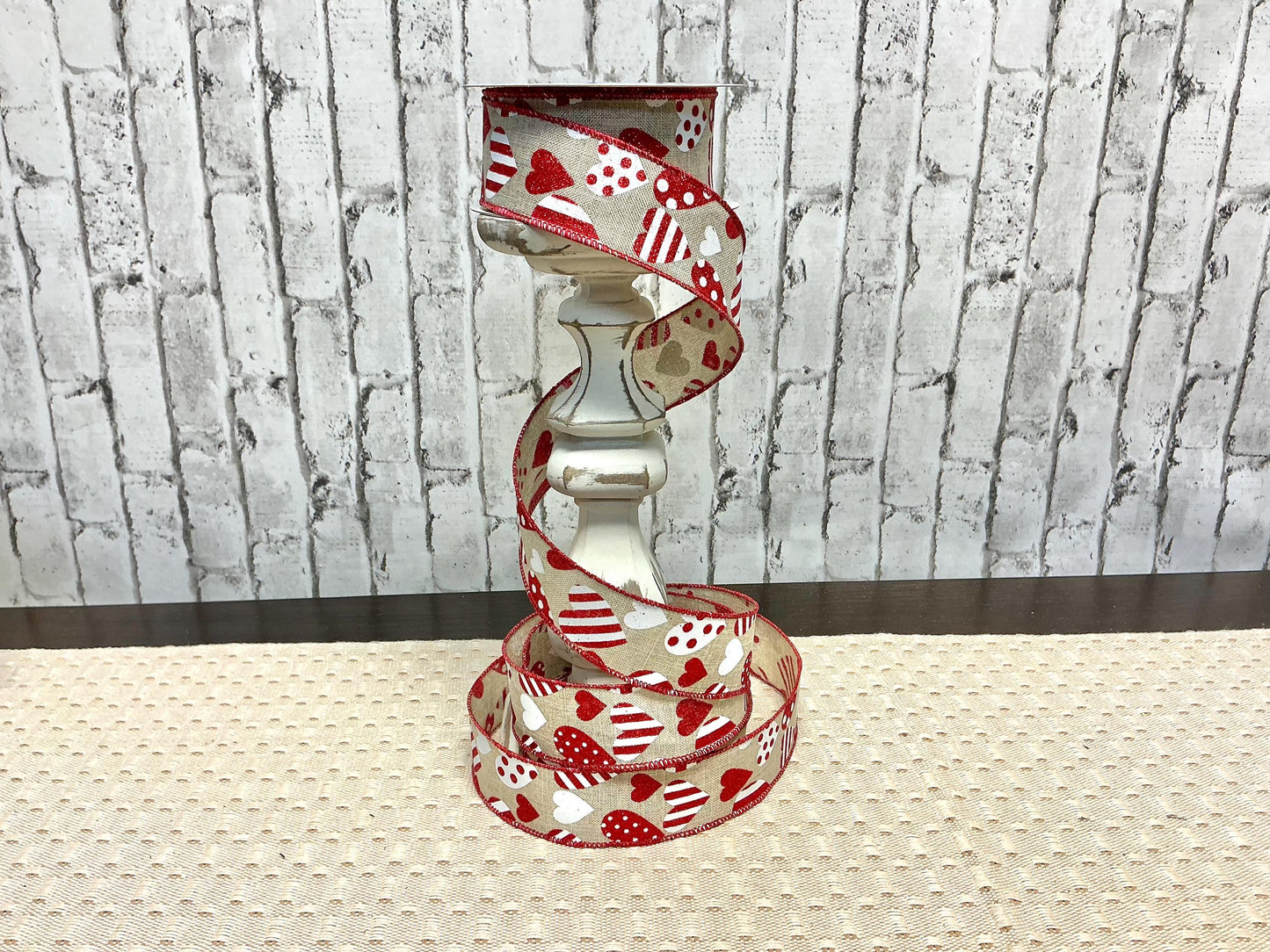 Burlap with red and white hearts ribbon, RGC183818, 1.5”X10YDS, Wired Valentine’s Day ribbon.