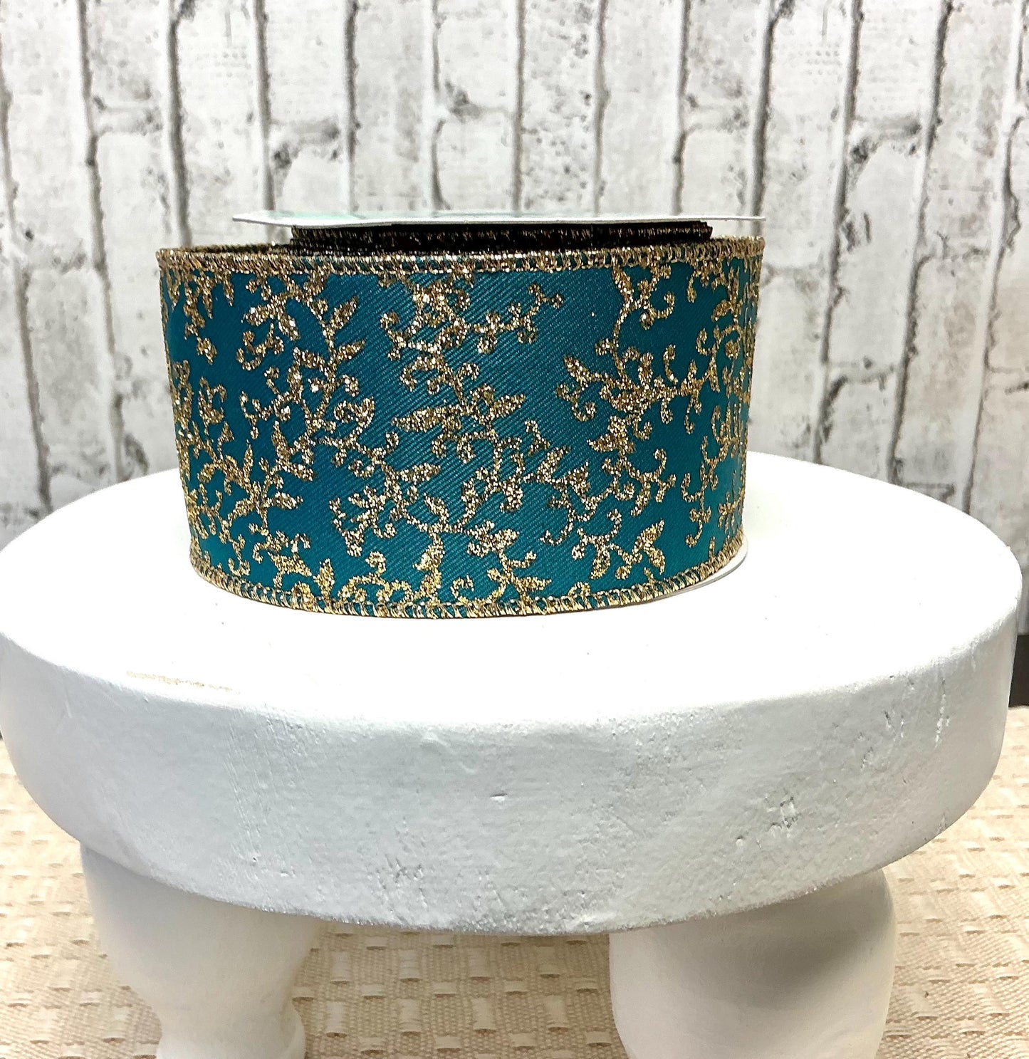 Teal and gold mini leaf vines ribbon, 2.5” x 10YD, Wired, RGF131371