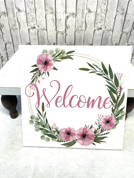 welcome wreath sign, AP889215, pink flower welcome wreath sign