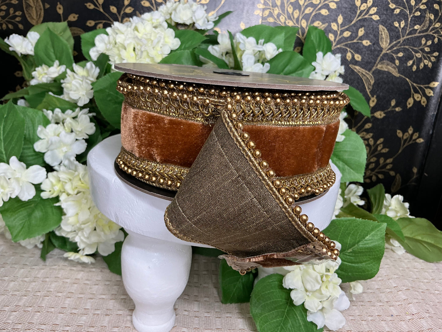 Antique gold Ribbon with bead trim - D Stevens - 05-1992