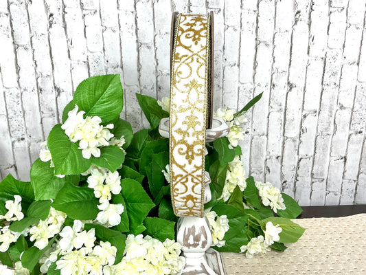 White velvet ribbon with gold design, D Stevens, 05-0795