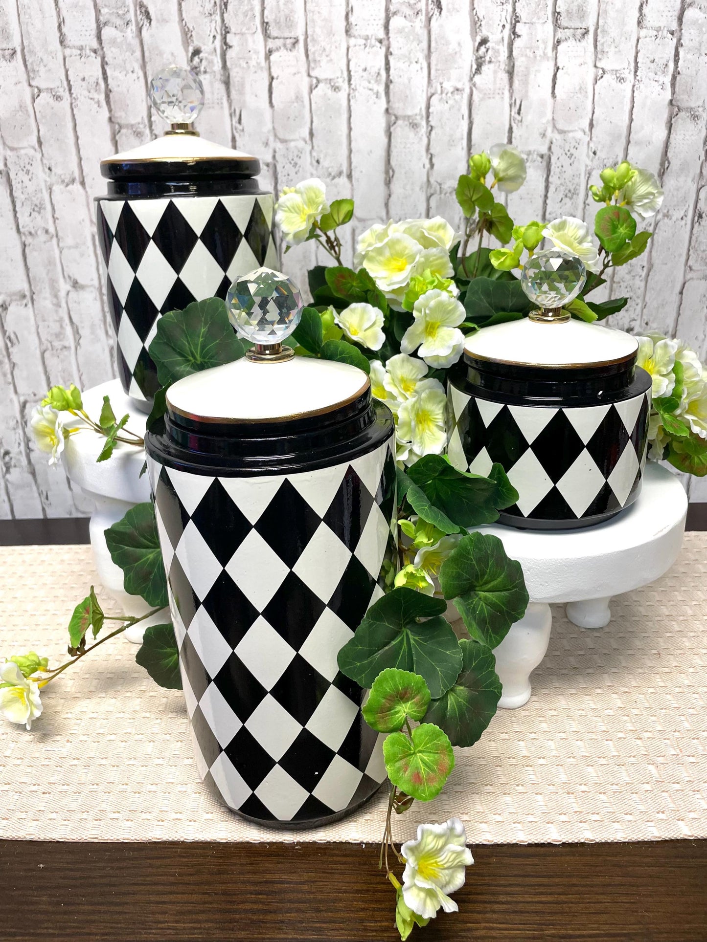 canister set, Mark Robert’s Harlequin black and white canister set, home decor, kitchen decor, harlequin vases