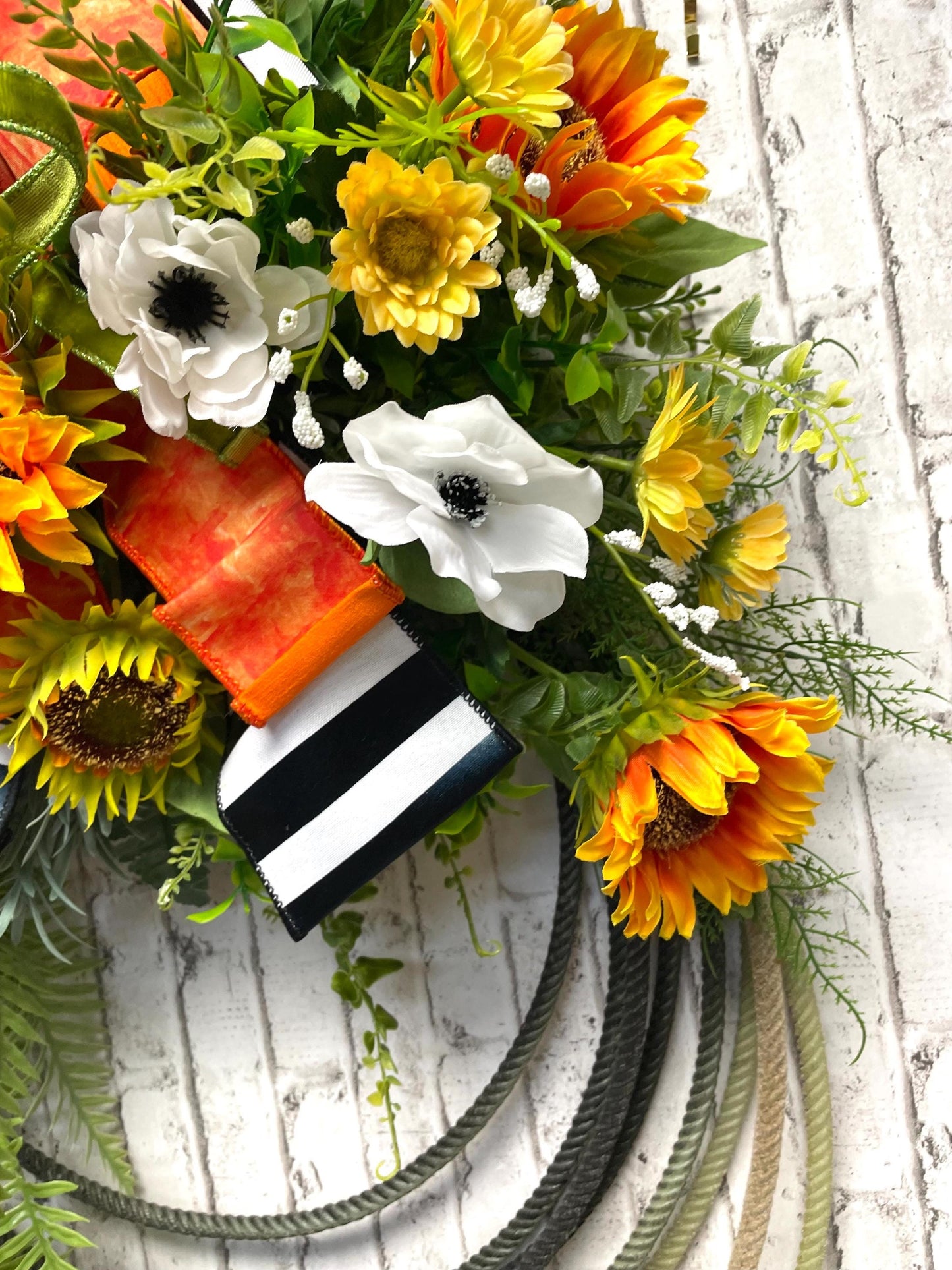 sunflower lariat rope wreath, used rodeo rope wreath, spring wreath, summer wreath, sunflower wreath, free shipping