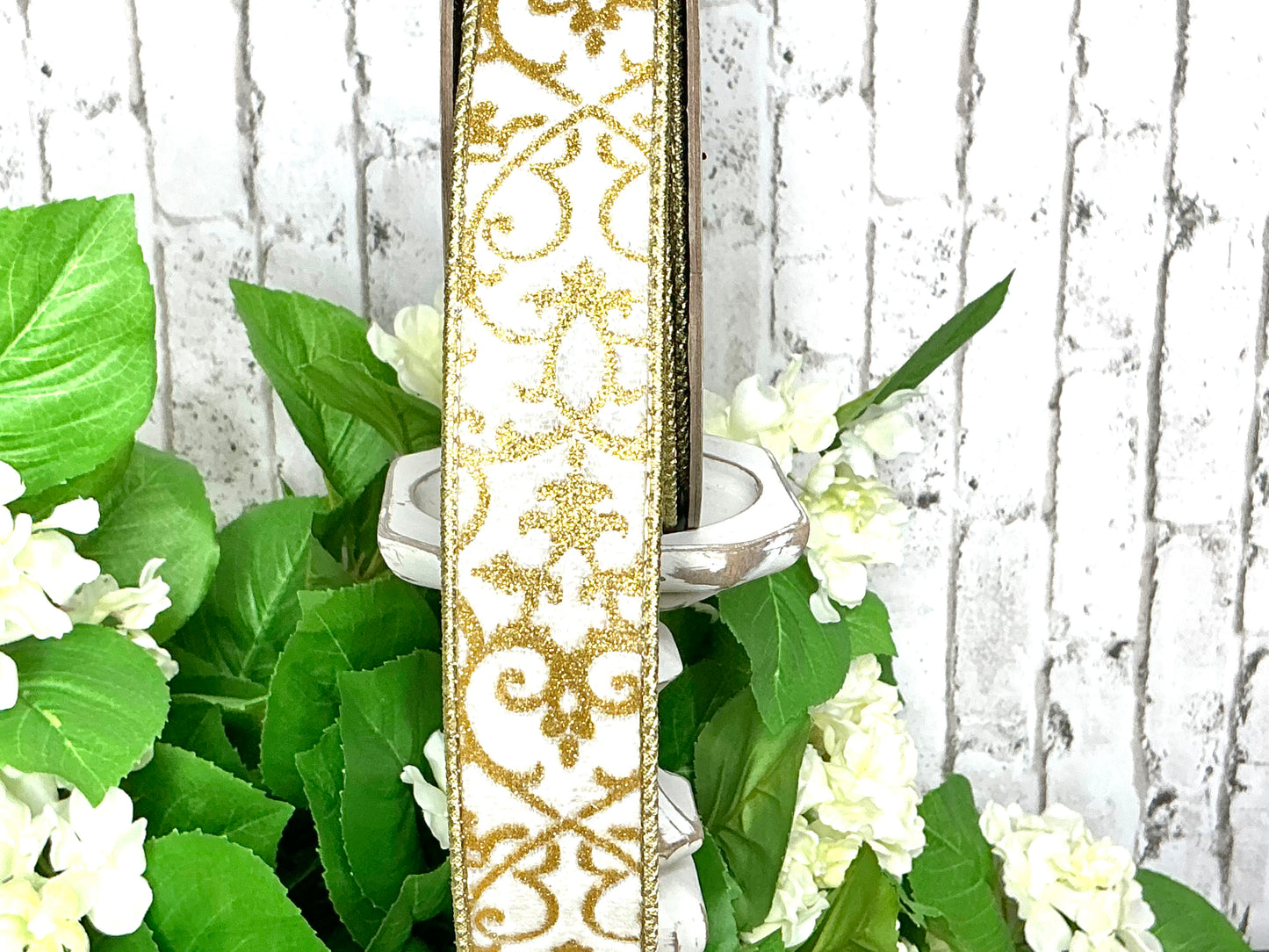 White velvet ribbon with gold design, D Stevens, 05-0795
