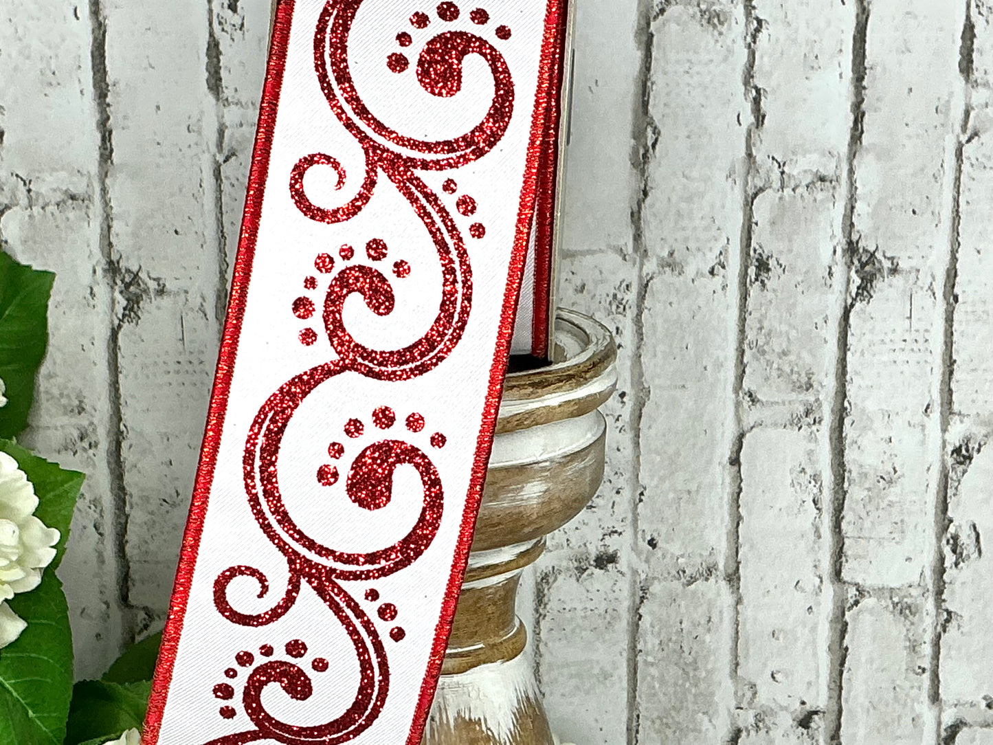 White ribbon with red swirls, D’Lux designer ribbon, LX325267