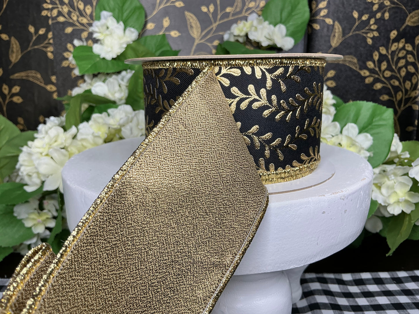 Black with gold leaf garland design ribbon - D’Lux - 2.5”